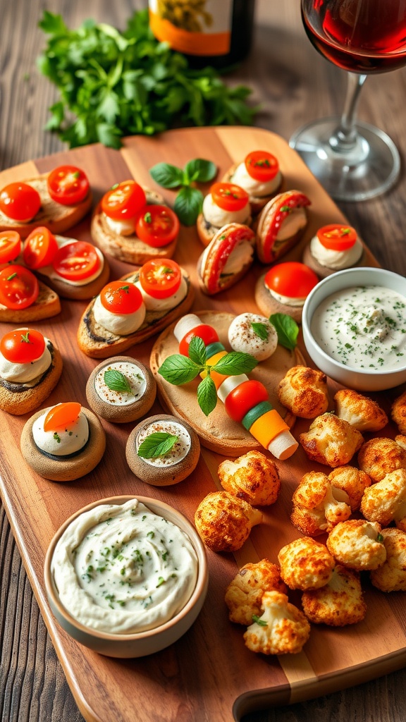 A beautiful collection of appetizers including bruschetta, stuffed mushrooms, caprese skewers, spinach artichoke dip, and buffalo cauliflower on a wooden platter.